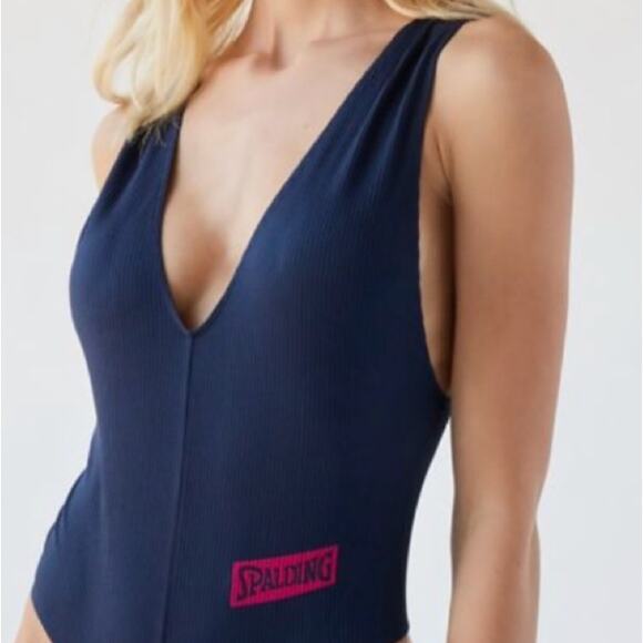Urban Outfitters Spalding Plunging Cross Back Bodysuit in Navy Size Medium NWT - Picture 2 of 10